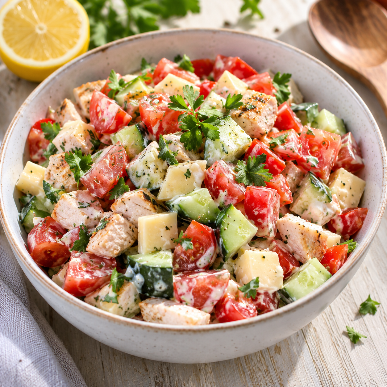 Cremiger Sommersalat mit Tomaten, Gurke, Paprika, Käse und Hähnchen
