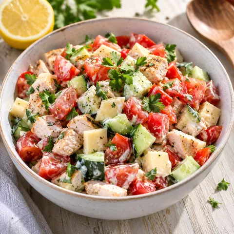 Cremiger Sommersalat mit Tomaten, Gurke, Paprika, Käse und Hähnchen