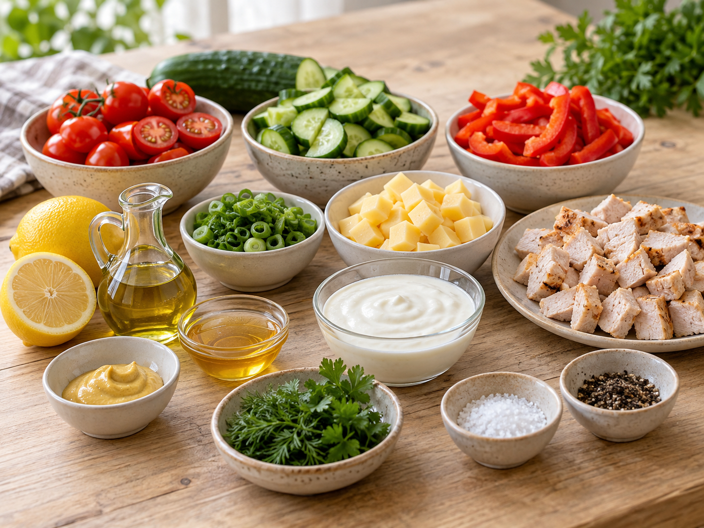 Zutaten für Sommersalat mit Joghurt-Dressing auf hellem Holz