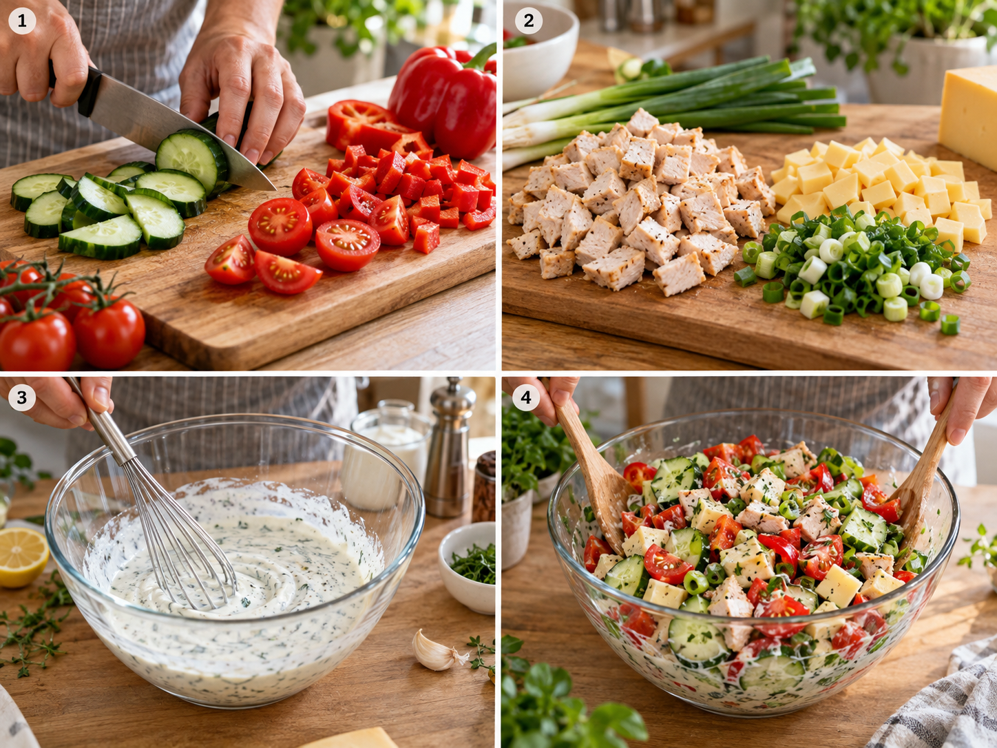Vier Schritte für Sommersalat vom Schneiden bis zum Vermengen