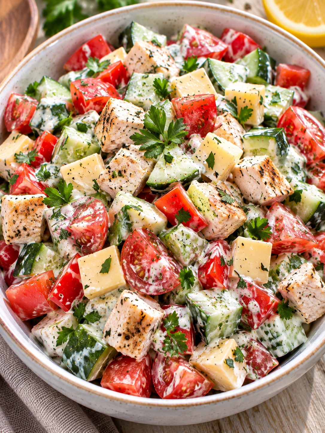 Sommersalat mit cremigem Dressing, Hähnchen, Käse und frischem Gemüse