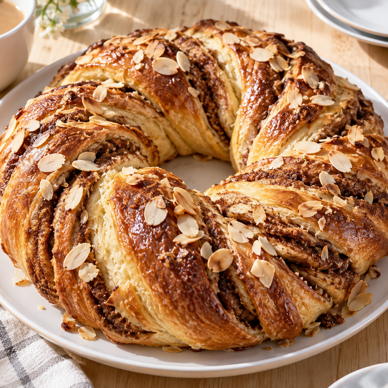 Goldbrauner Hefekranz mit Zimtfüllung und Mandelblättchen