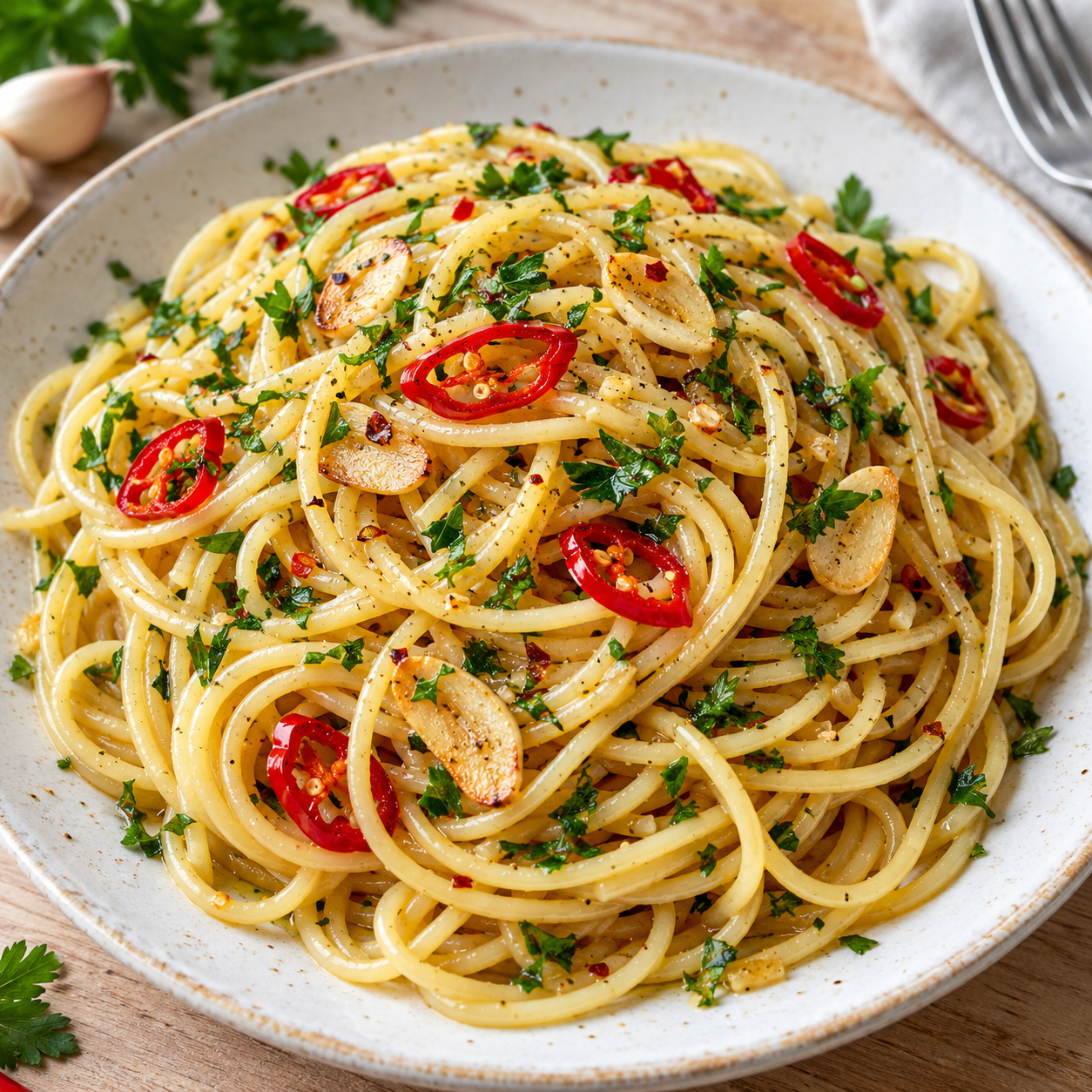 Spaghetti aglio, olio e peperoncino mit Knoblauch und Petersilie