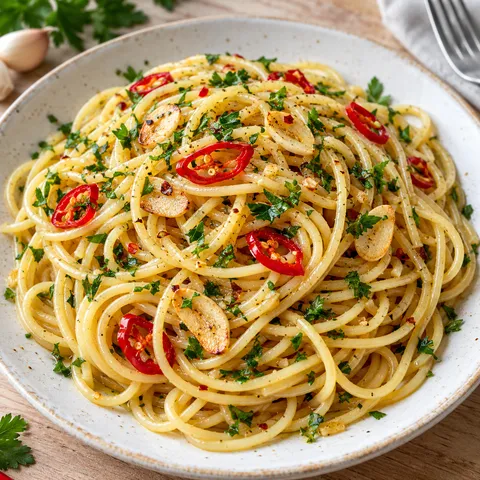Spaghetti aglio, olio e peperoncino mit Knoblauch und Petersilie