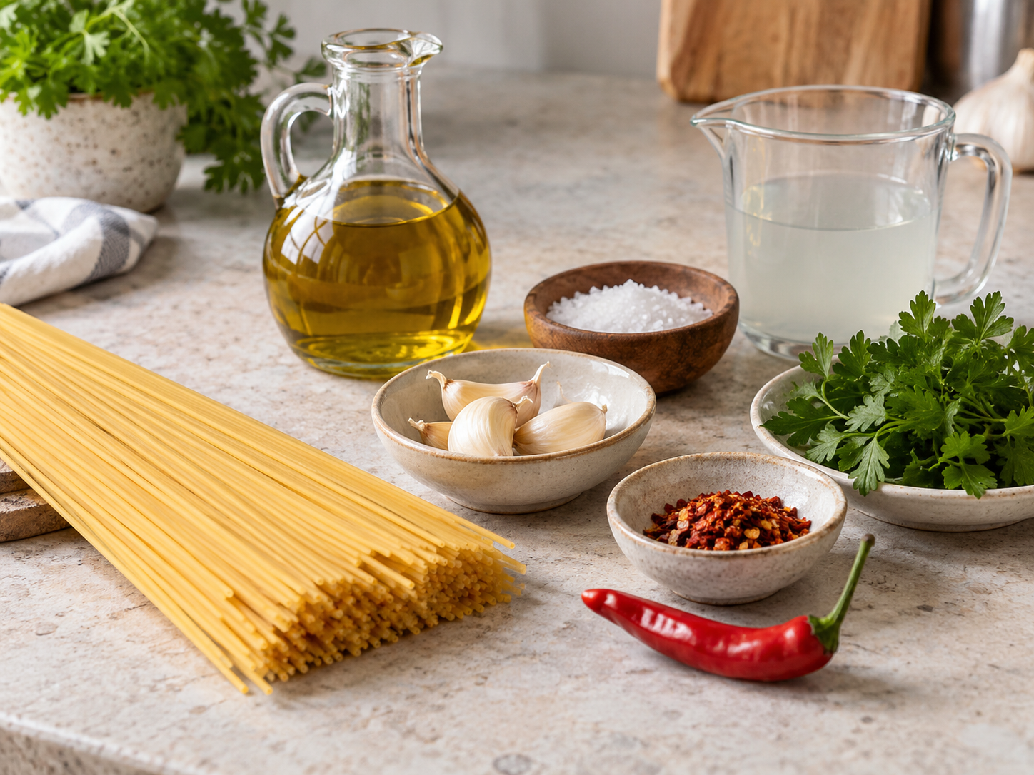 Zutaten fuer Spaghetti mit Knoblauch, Peperoncino und Olivenoel