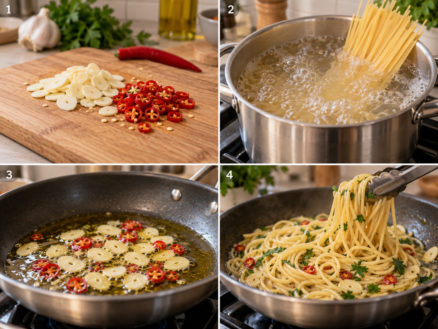 Vier Schritte fuer Spaghetti aglio, olio e peperoncino in der Pfanne