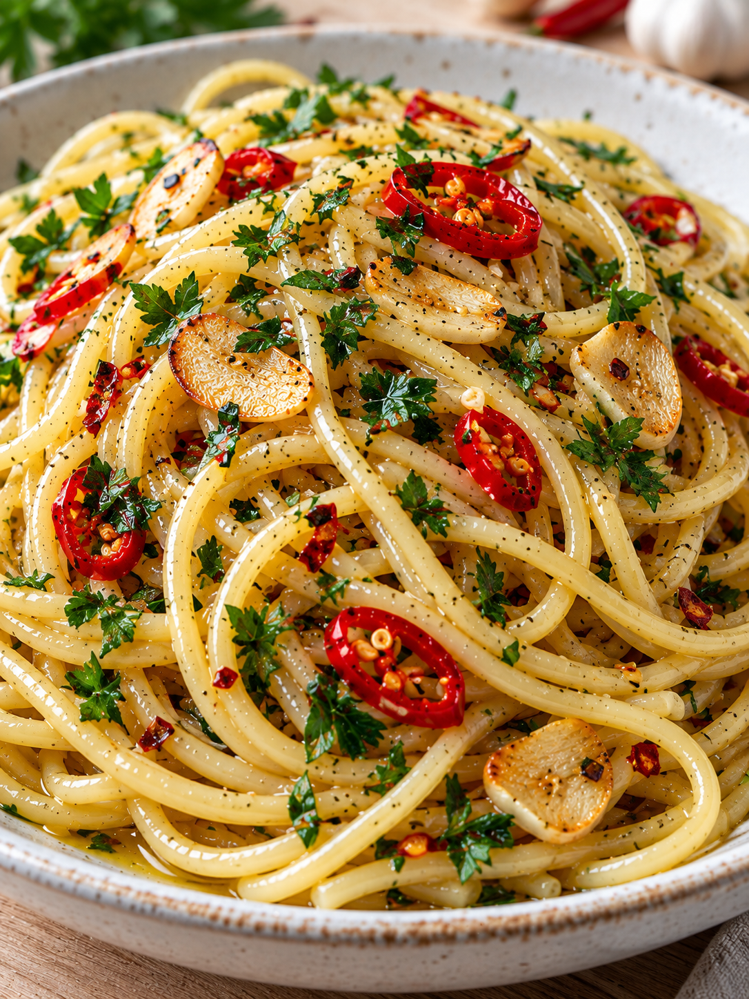 Glaenzende Spaghetti aglio, olio e peperoncino mit Petersilie