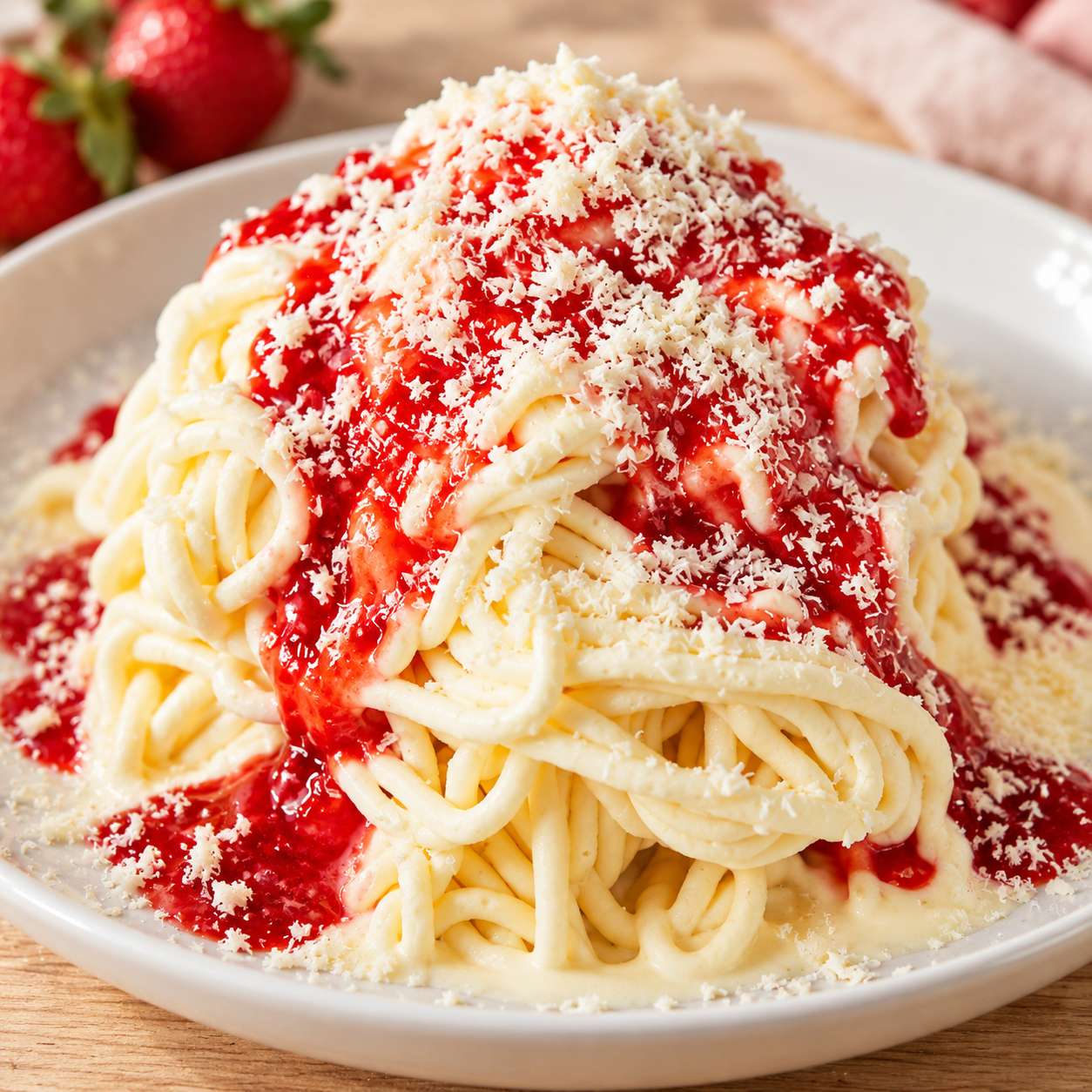 Spaghetti-Eis mit Erdbeersoße und weißer Schokolade auf weißem Teller