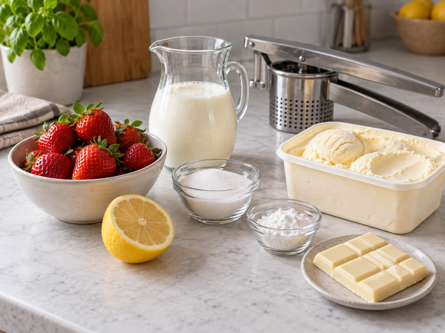 Zutaten für Spaghetti-Eis mit Erdbeeren, Sahne, Vanilleeis und Schokolade