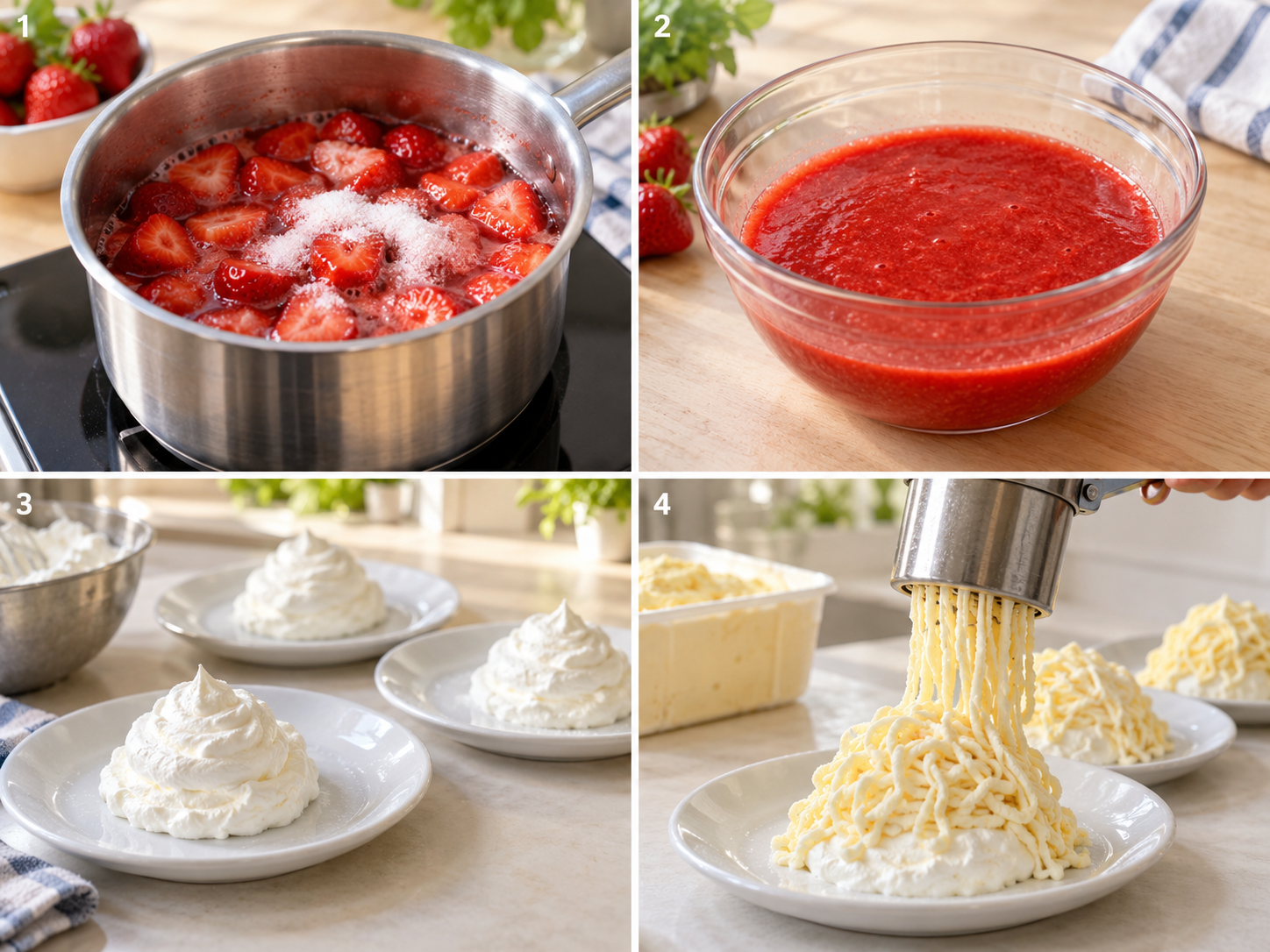 Vier Schritte für Spaghetti-Eis von Erdbeersoße bis gepresstem Vanilleeis