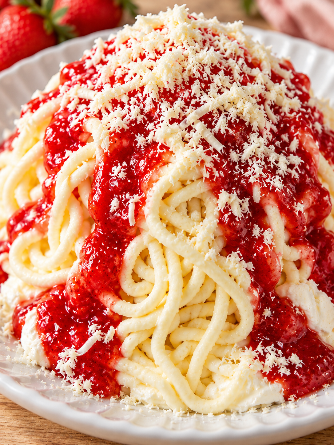 Hoch gestapeltes Spaghetti-Eis mit Erdbeersoße und weißen Schokoladenraspeln