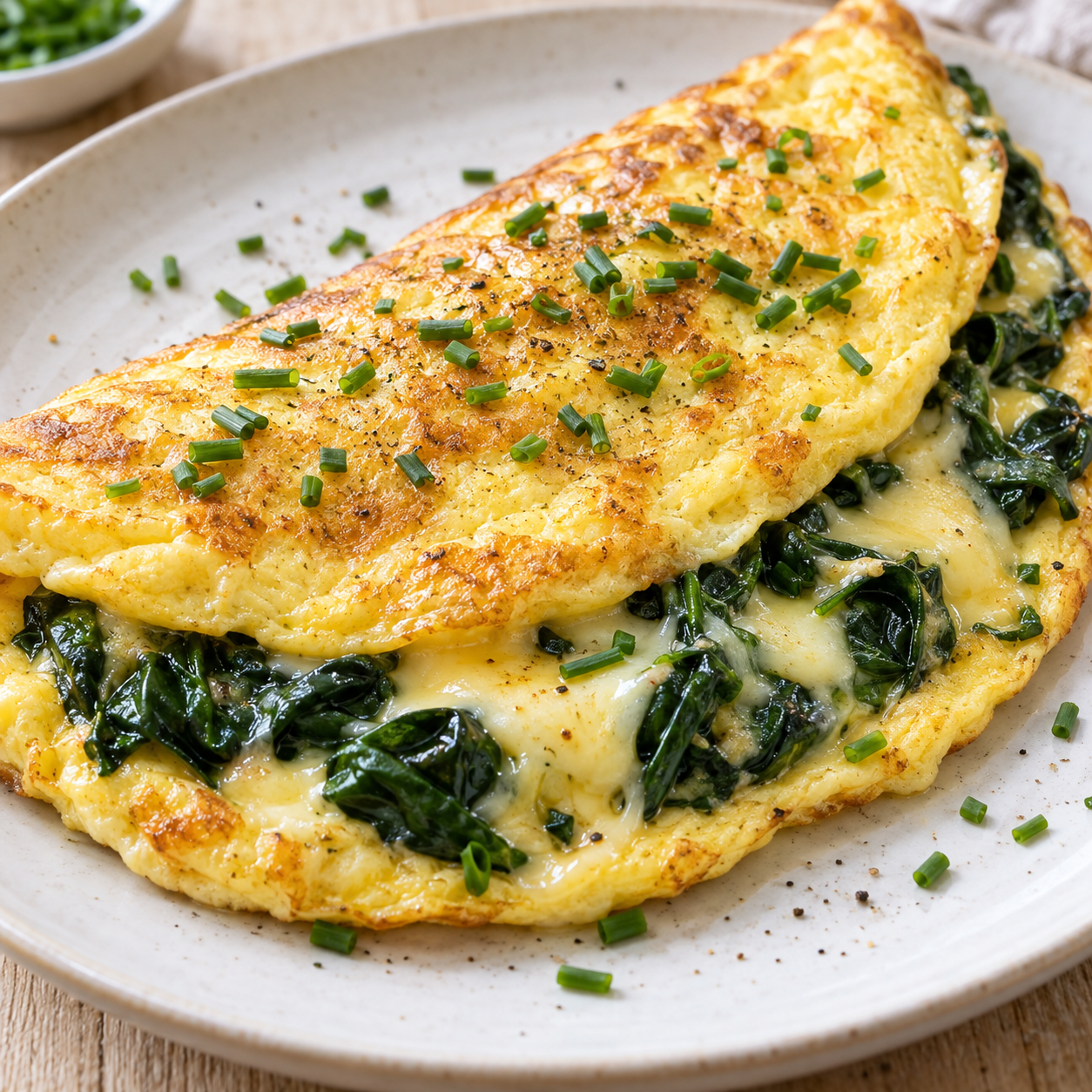 Spinat-Käse-Omelett mit geschmolzenem Käse und Schnittlauch