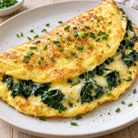 Spinat-Käse-Omelett mit geschmolzenem Käse und Schnittlauch