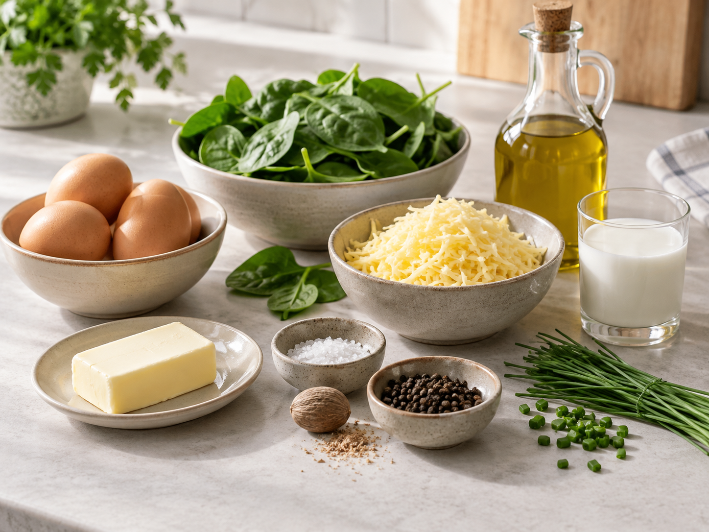 Zutaten für Spinat-Käse-Omelett mit Eiern, Spinat und Käse