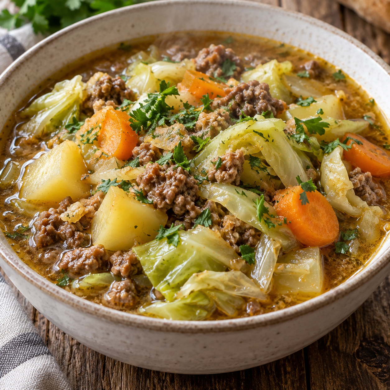 Spitzkohl-Eintopf mit Hackfleisch, Kartoffeln, Möhren und Petersilie
