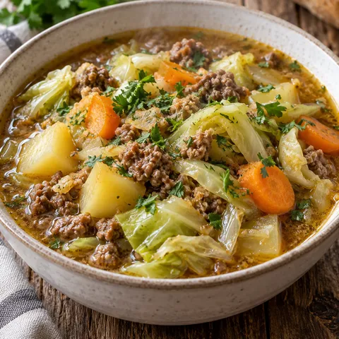 Spitzkohl-Eintopf mit Hackfleisch, Kartoffeln, Möhren und Petersilie