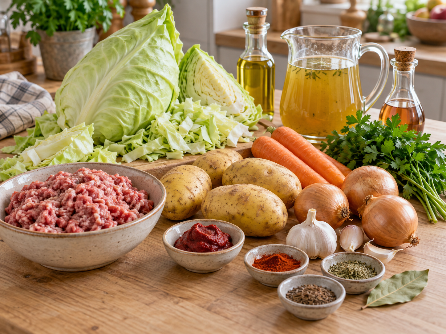 Zutaten für Spitzkohl-Eintopf mit Hackfleisch auf hellem Holz
