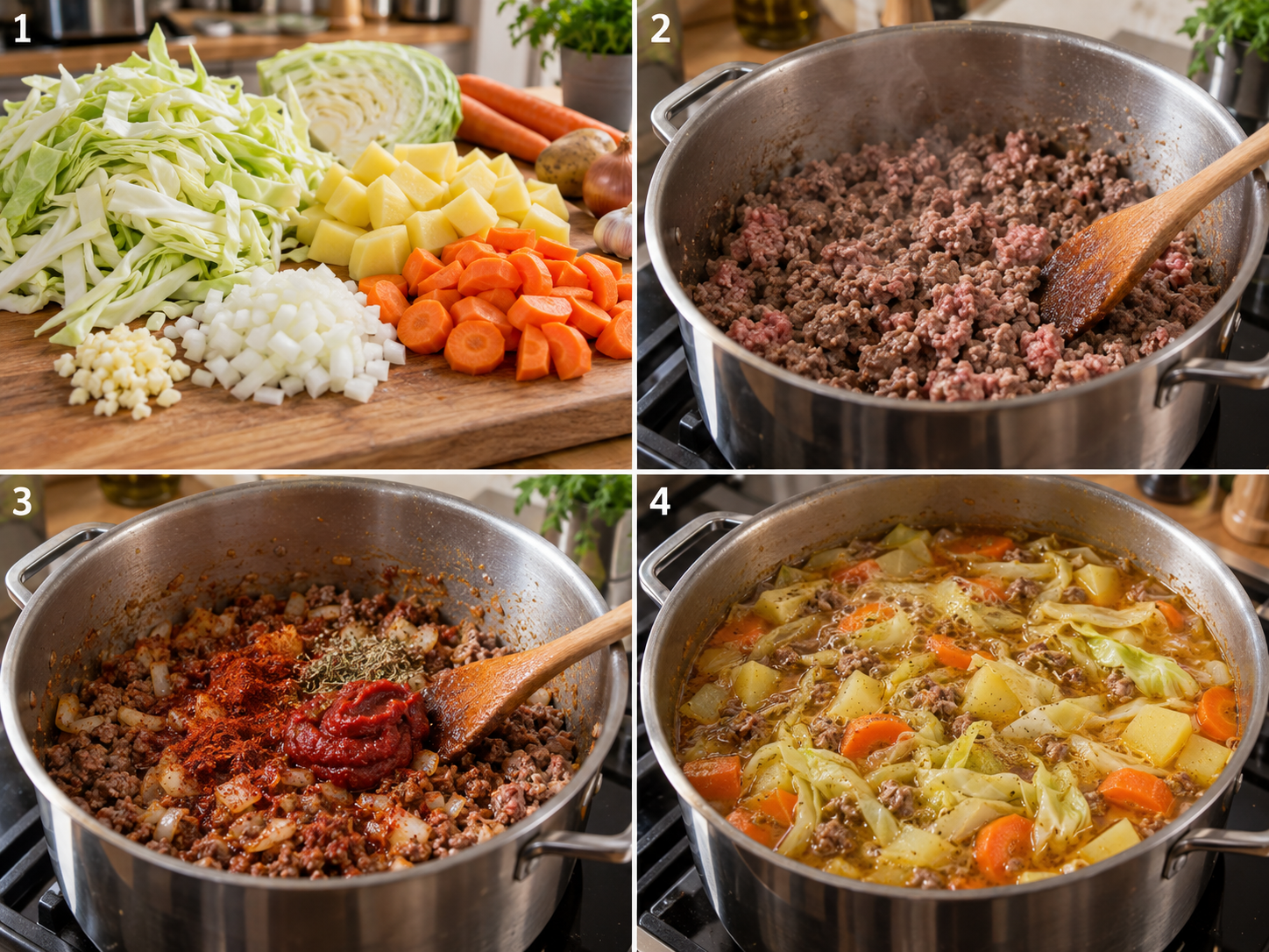 Vier Schritte für Spitzkohl-Eintopf mit Hackfleisch im Topf