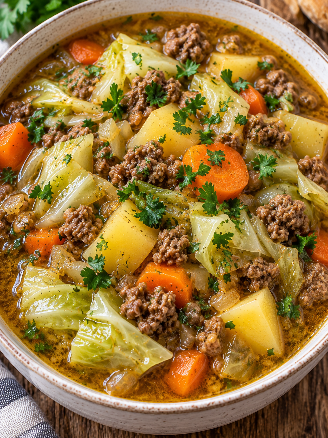 Schale Spitzkohl-Eintopf mit Hackfleisch und frischer Petersilie