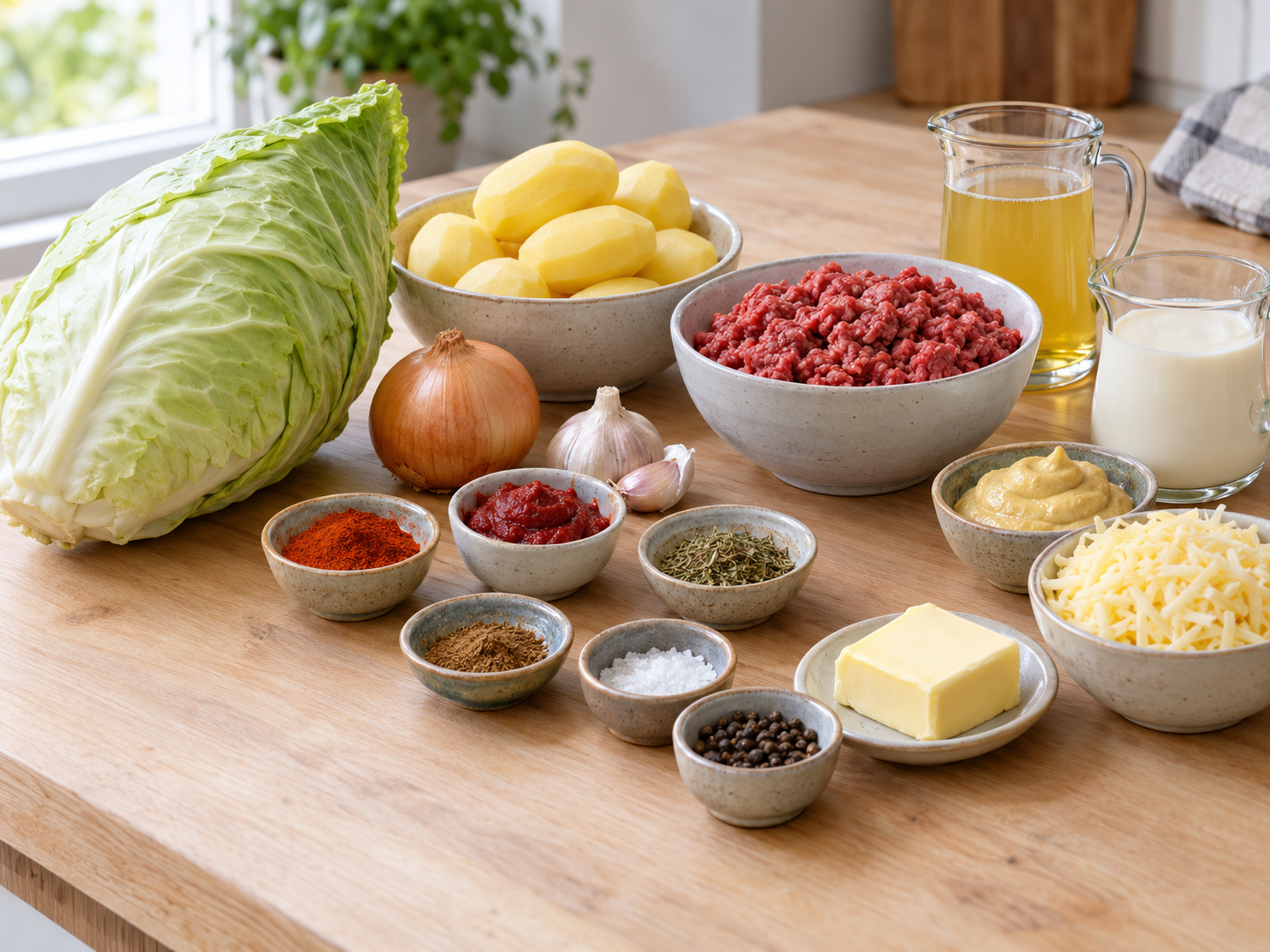 Zutaten für Spitzkohl-Hack-Auflauf mit Kartoffeln, Hackfleisch und Käse