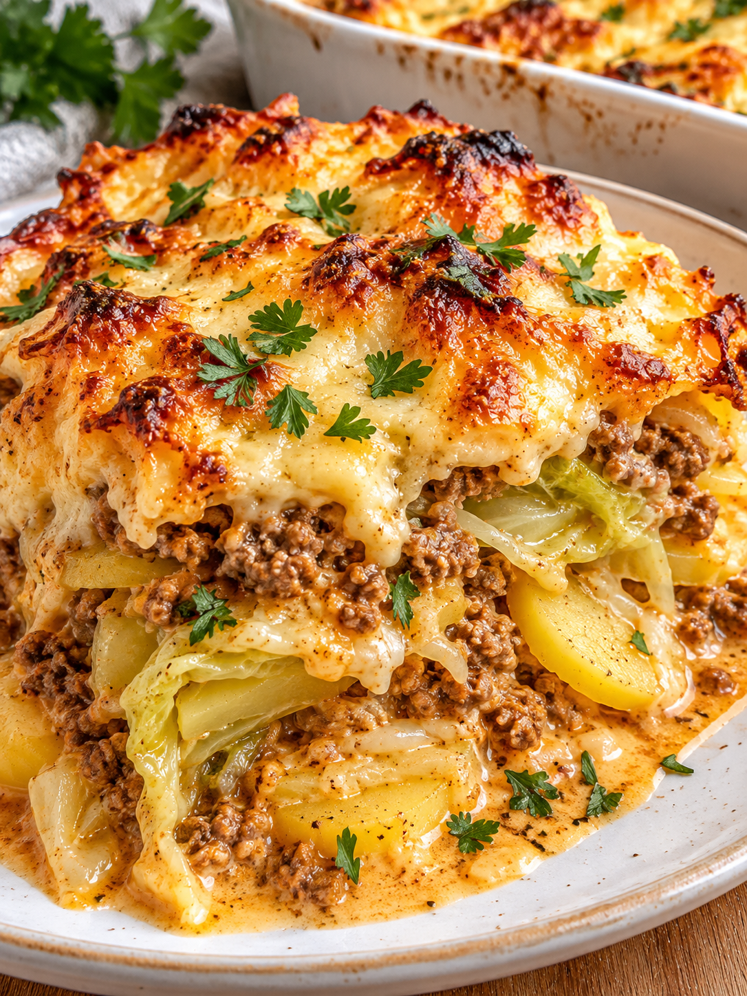 Portion Spitzkohl-Hack-Auflauf mit Käsekruste und cremigen Kartoffelschichten