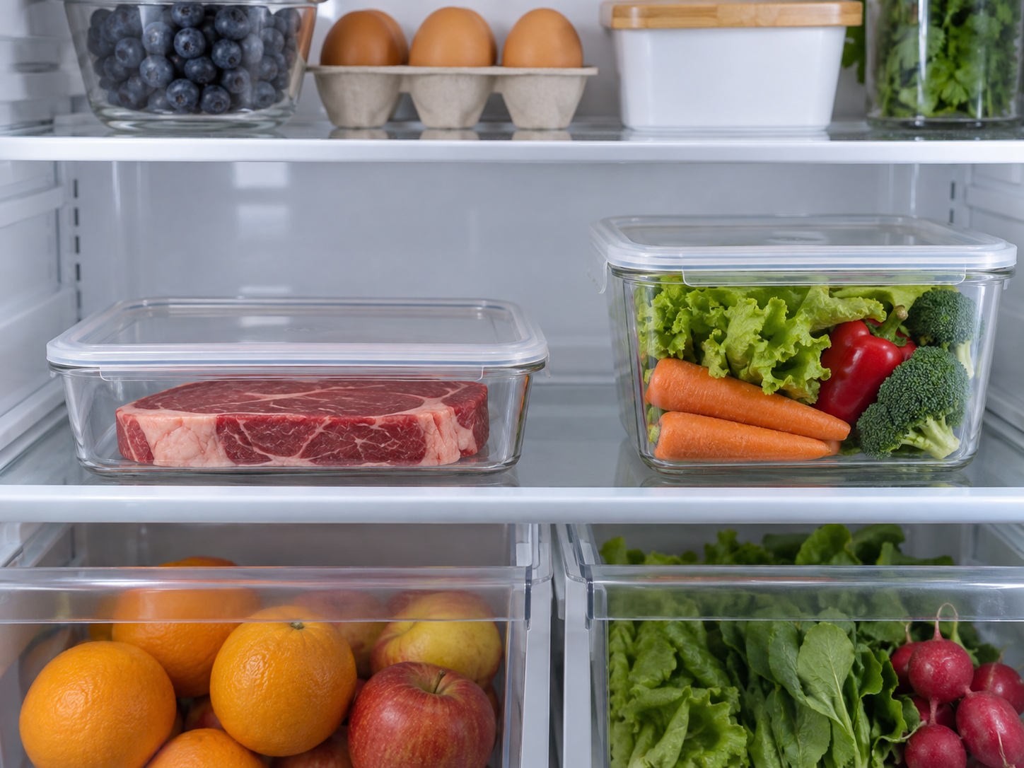Rohes Steak getrennt von Gemüse in einem sauberen Kühlschrank.