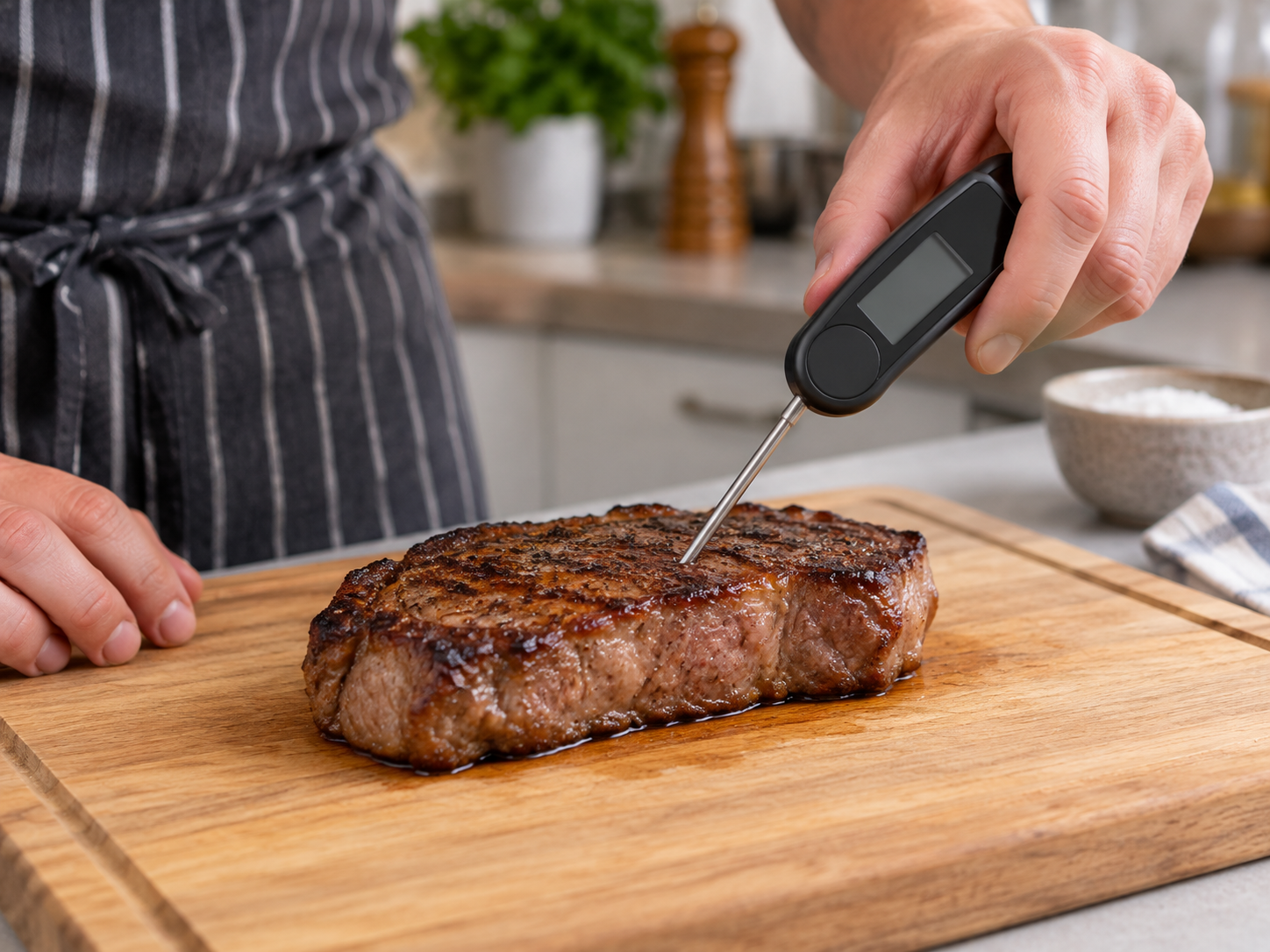 Ein Thermometer misst die Kerntemperatur eines Steaks auf einem Schneidebrett.