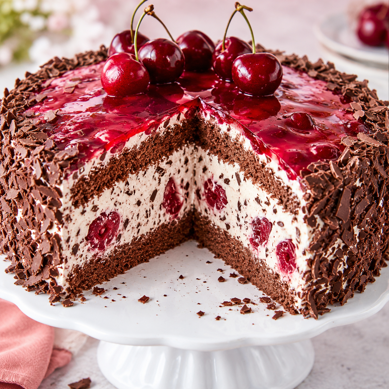 Stracciatella-Kirsch-Torte mit rotem Guss und sichtbaren Schichten