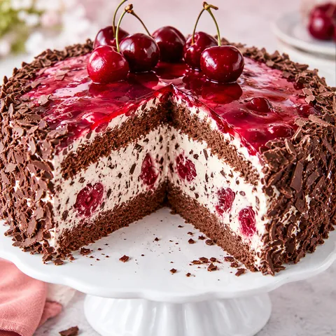 Stracciatella-Kirsch-Torte mit rotem Guss und sichtbaren Schichten