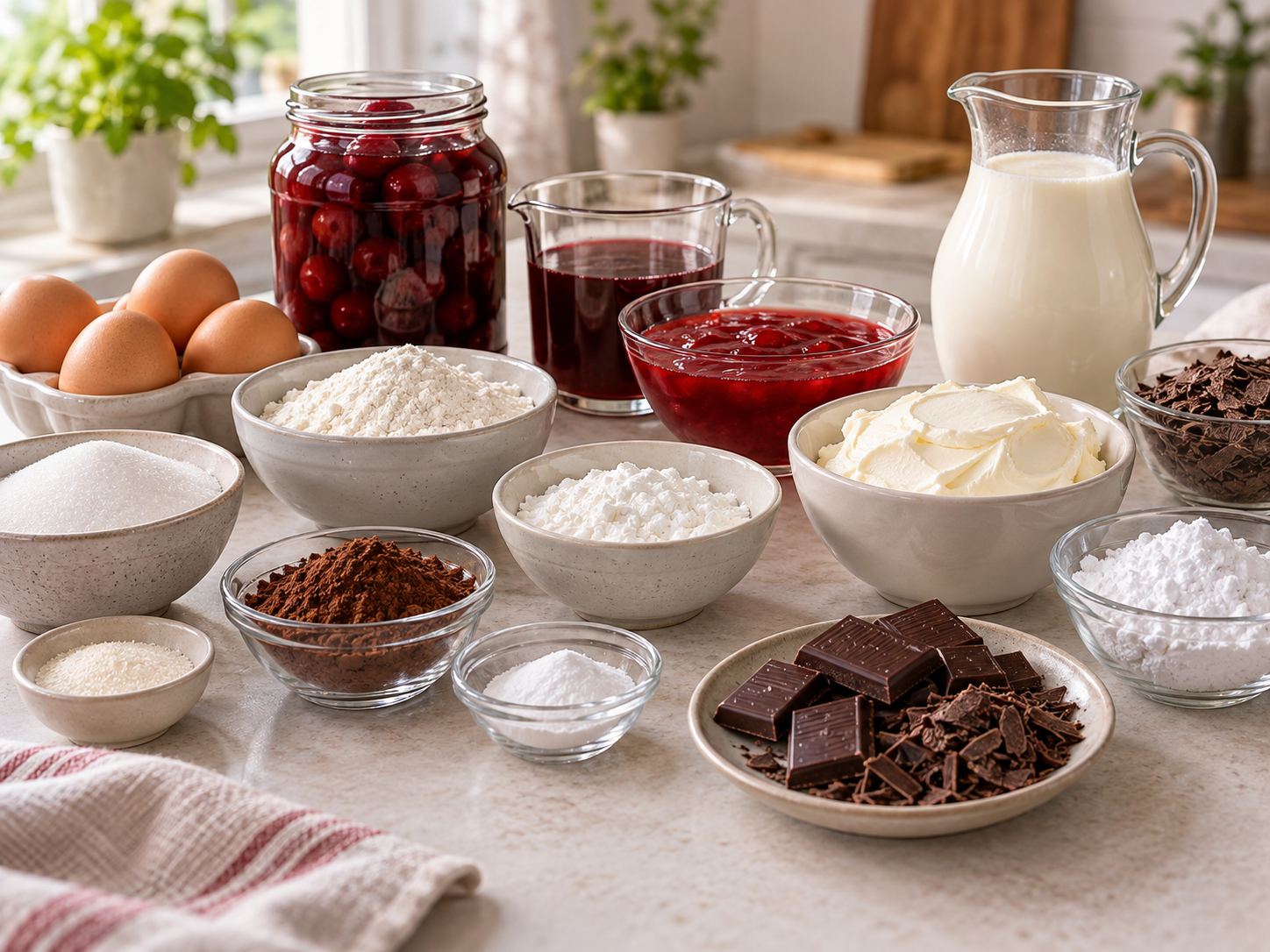 Zutaten für Stracciatella-Kirsch-Torte mit Kirschen, Sahne und Schokolade