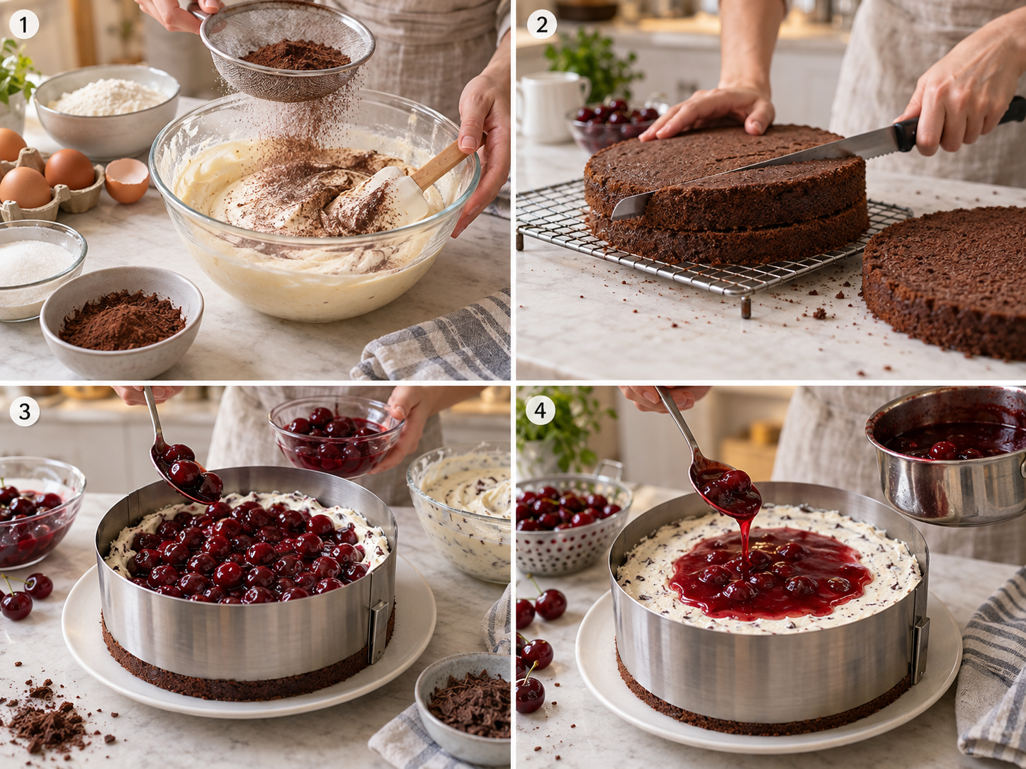 Vier Zubereitungsschritte für Stracciatella-Kirsch-Torte