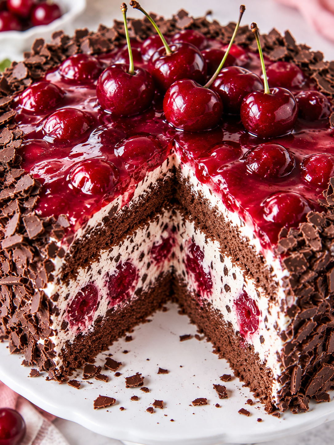 Angeschnittene Stracciatella-Kirsch-Torte mit glänzendem Kirschguss