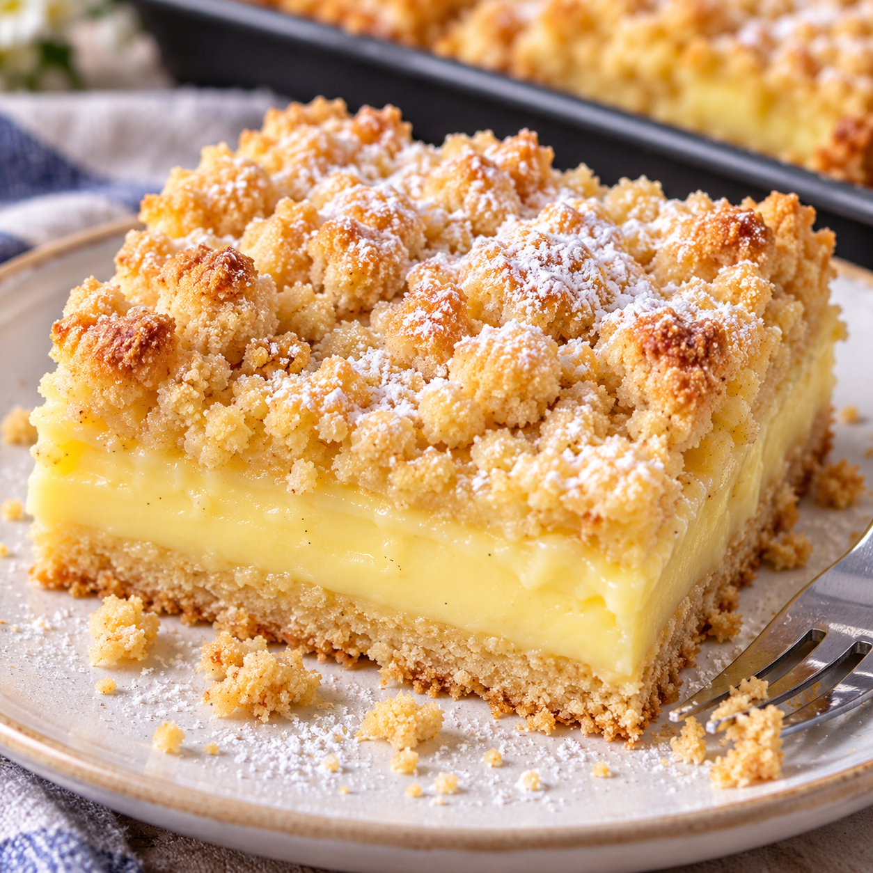 Streuselkuchen mit Vanillepudding, goldenen Streuseln und Puderzucker