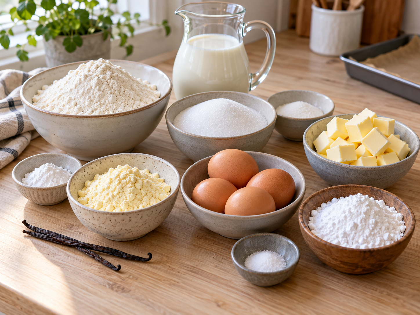 Zutaten für Streuselkuchen mit Vanillepudding auf heller Holzfläche