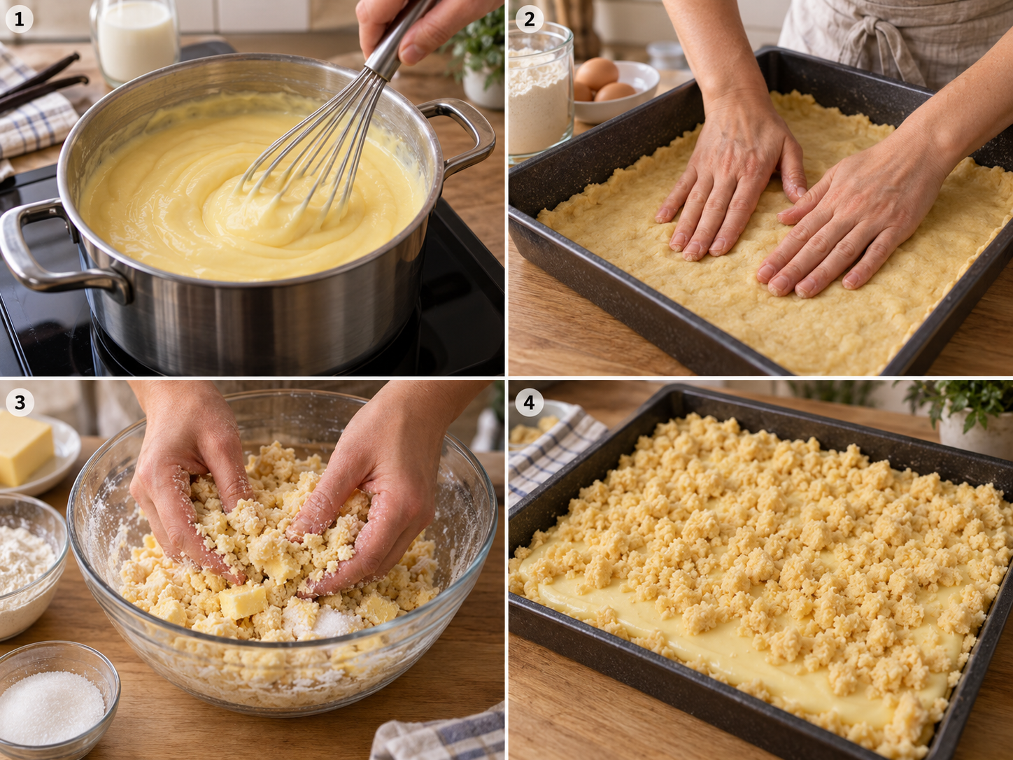Vier Schritte für Pudding-Streuselkuchen vom Blech