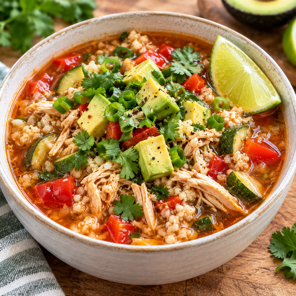 Südwest-Hühnersuppe mit Hähnchen, Avocado, Koriander und Limette