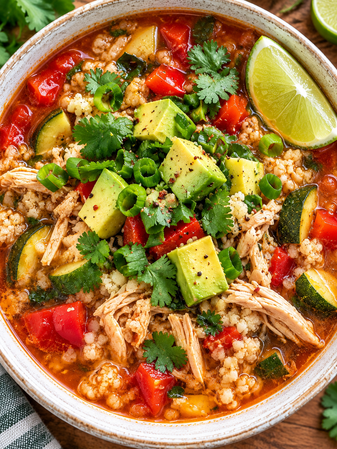 Südwest-Hühnersuppe von oben mit Avocado, Koriander und Limette