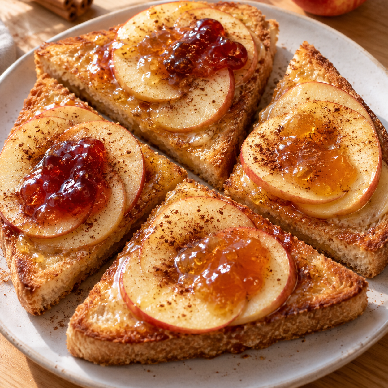 Süßer Toast mit Apfelringen, Konfitüre und feinem Zimt