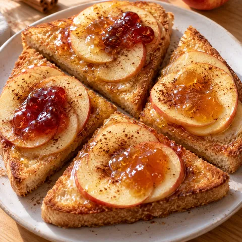 Süßer Toast mit Apfelringen, Konfitüre und feinem Zimt