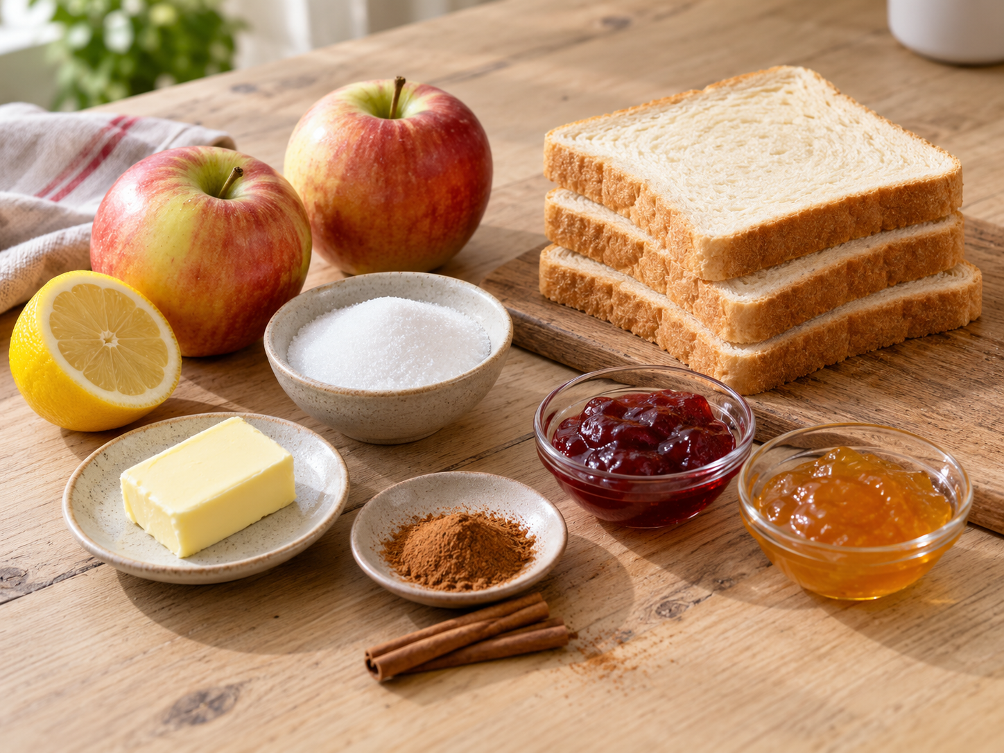 Zutaten für süßen Apfeltoast mit Konfitüre auf heller Holzfläche