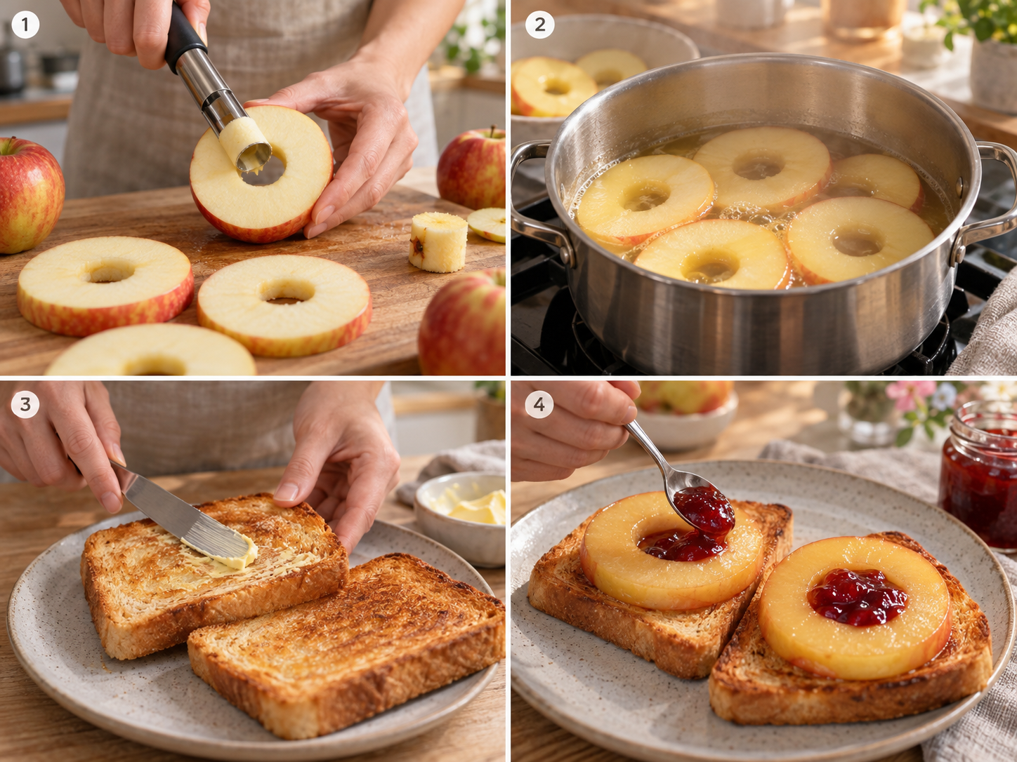 Vier Schritte für Toast mit Apfelringen und Konfitüre