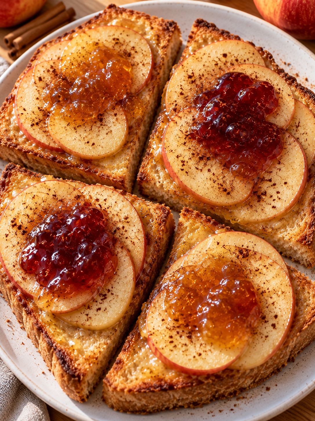 Goldbrauner Apfeltoast mit glänzender Konfitüre und Zimt