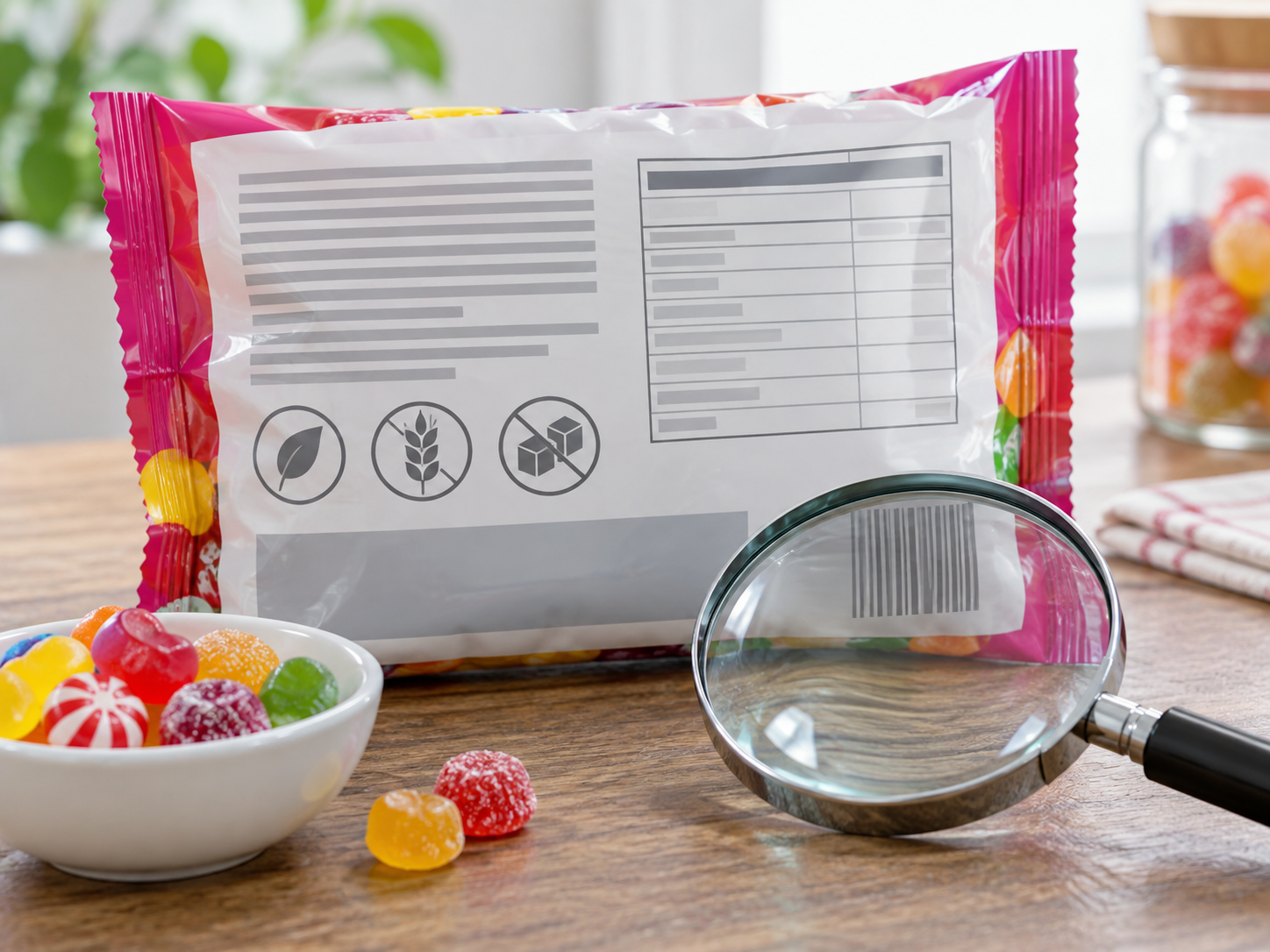 Rückseite einer Süßigkeitenpackung mit Lupe und Bonbons als Hinweis auf Etikettenlesen