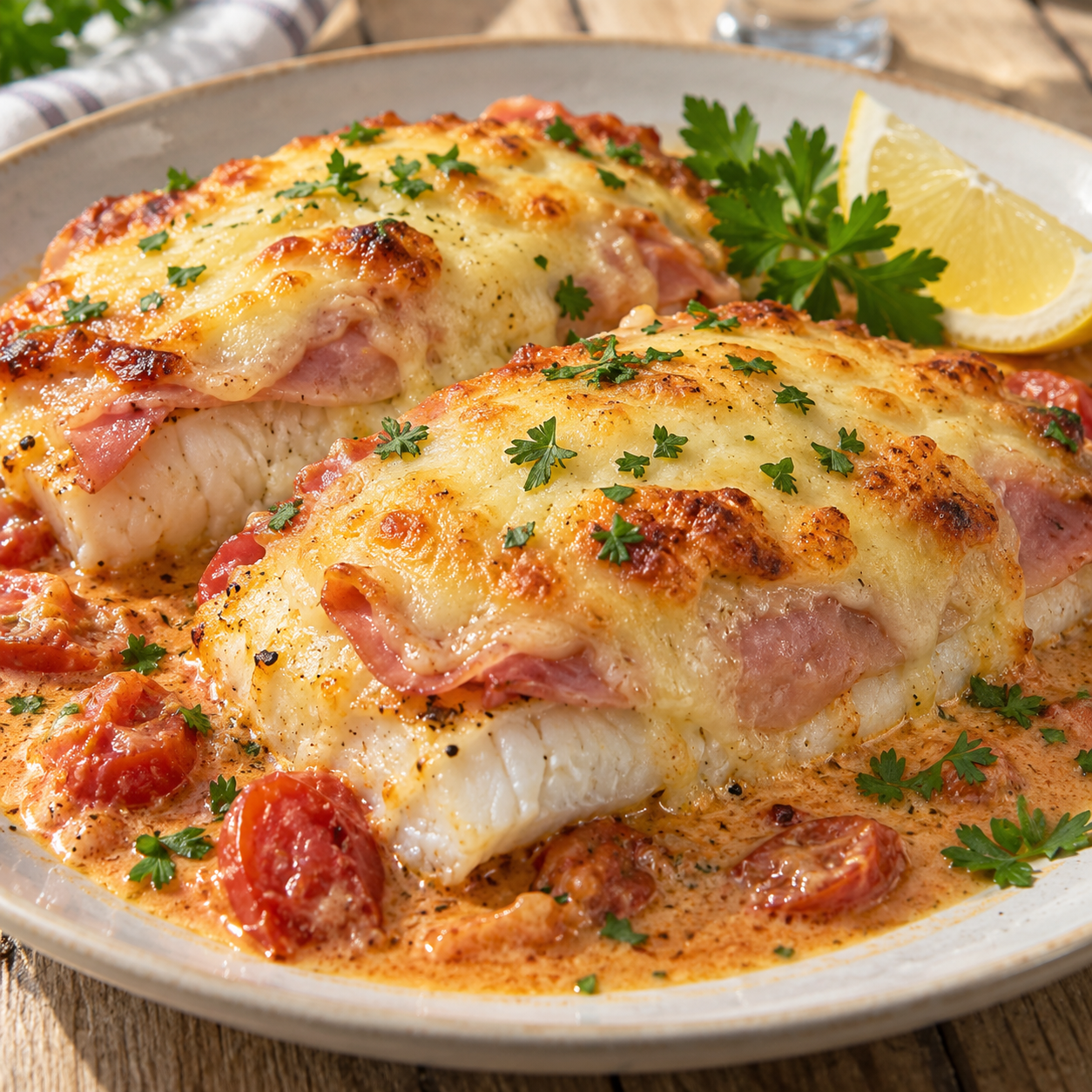 Überbackene Fischschnitten mit Schinken, Käse, Tomaten-Sahne-Soße und Petersilie