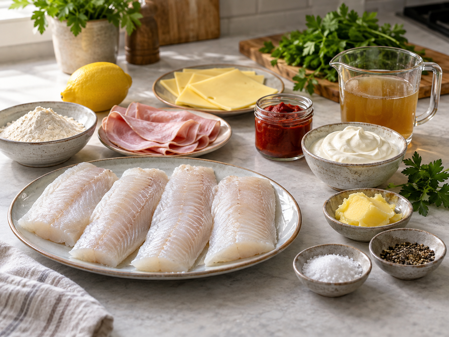 Zutaten für Sylter Fischschnitten mit Weißfisch, Schinken, Käse und Soße