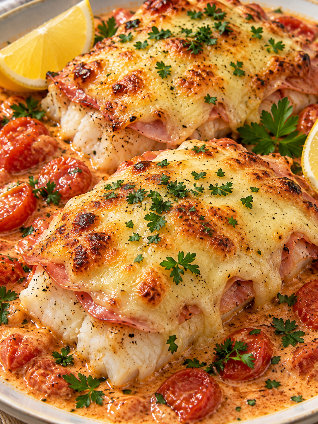 Sylter Fischschnitten mit geschmolzenem Käse, Schinken und Tomaten-Sahne-Soße