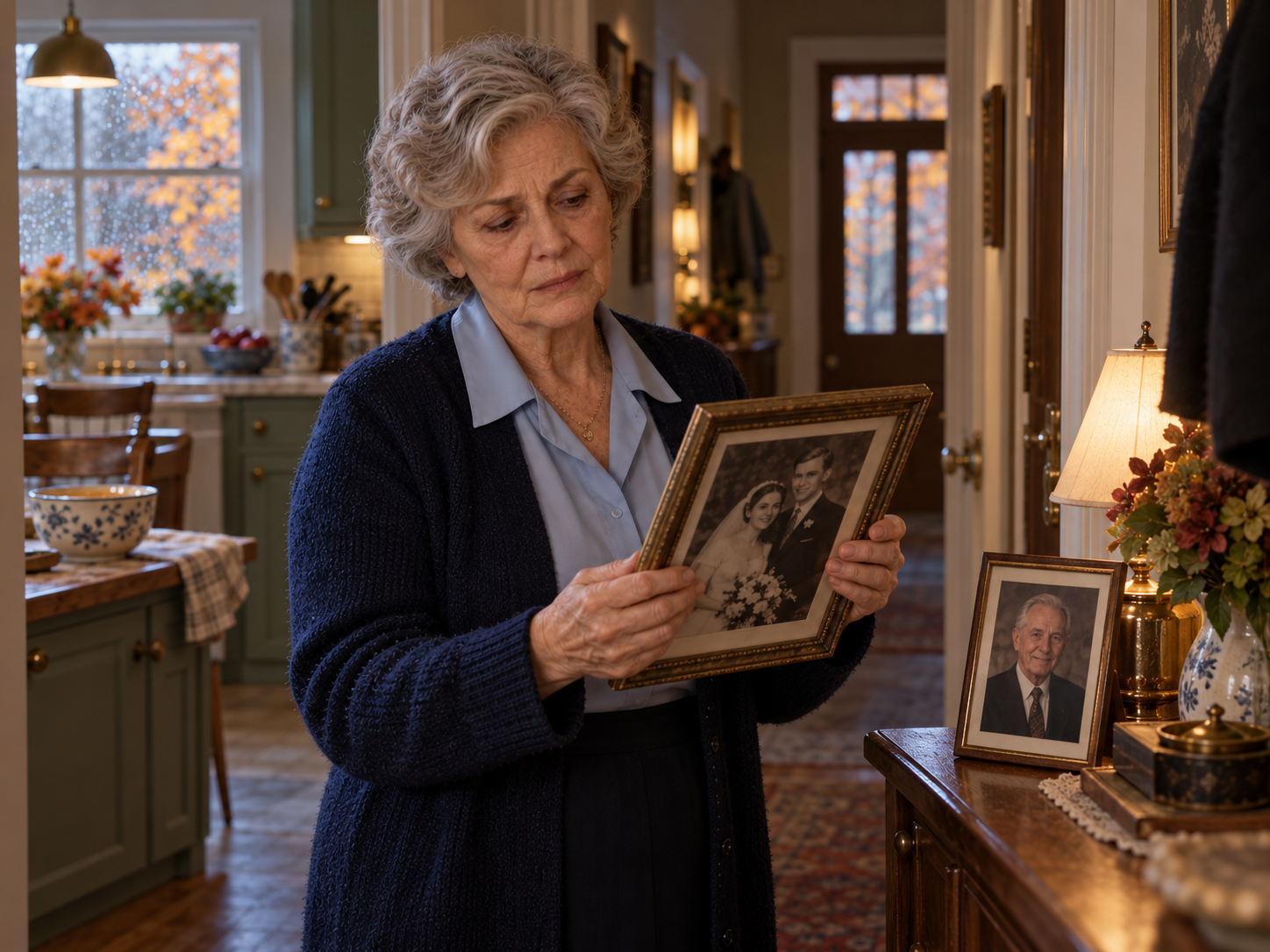 Sylvie betrachtet im Flur ihr altes Hochzeitsfoto.