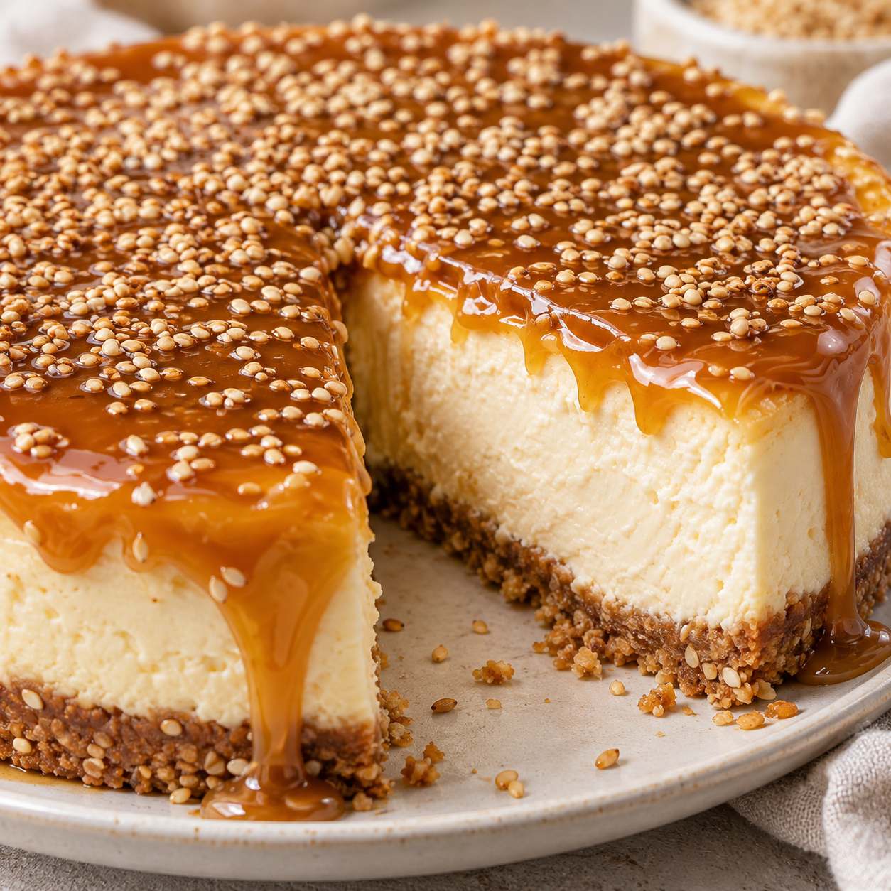 Tahini-Cheesecake mit Sesam-Karamell und geröstetem Sesam