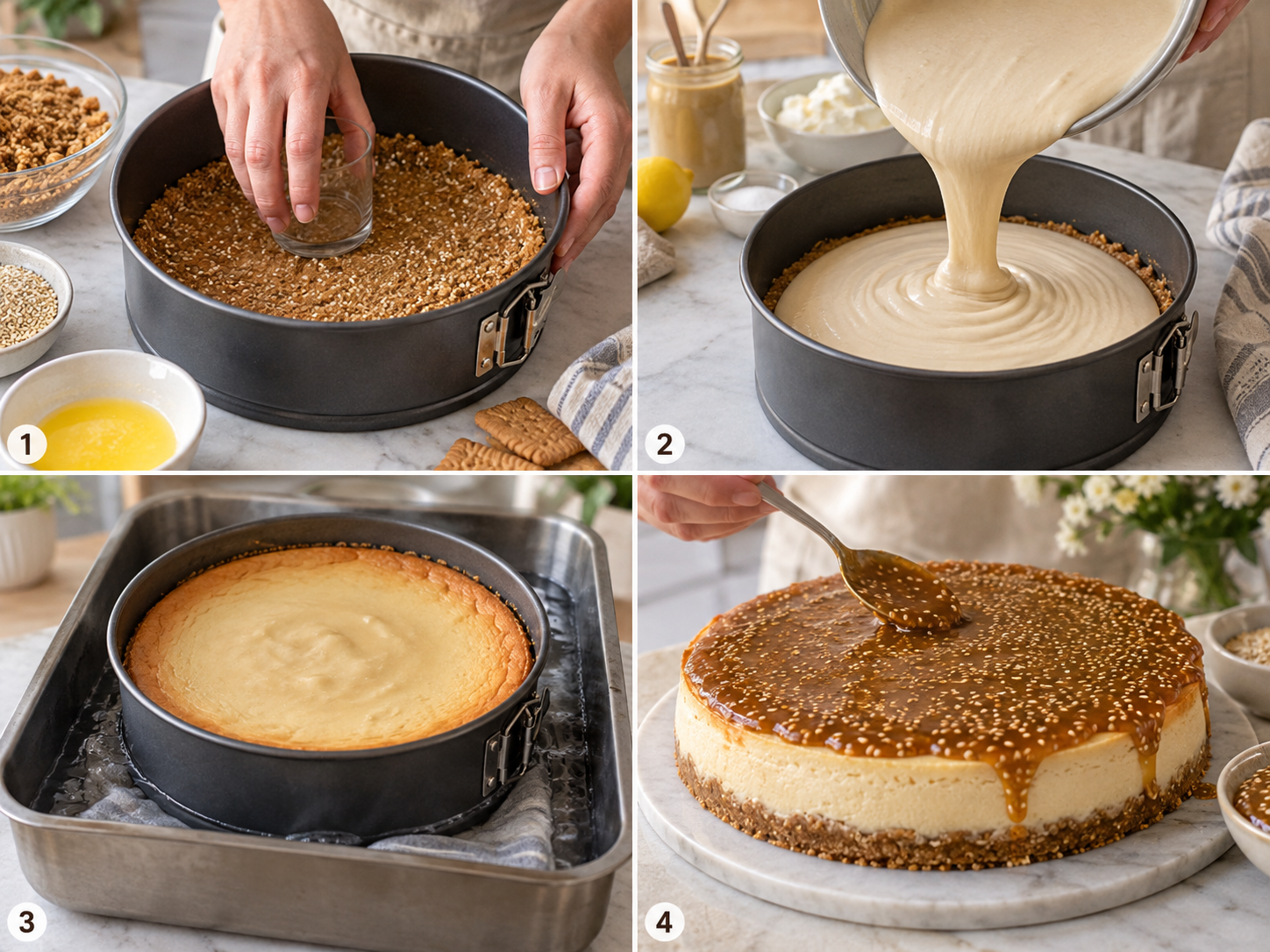 Vier Schritte für Tahini-Cheesecake mit Keksboden und Sesam-Karamell