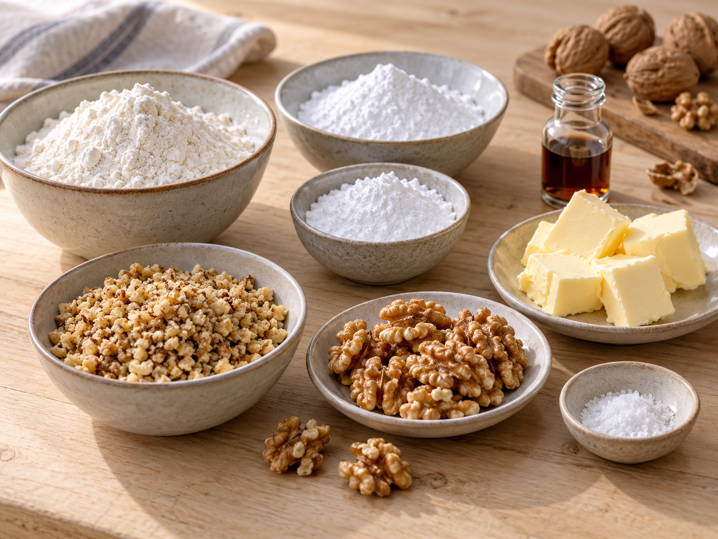 Zutaten für Walnuss-Teekugeln mit Butter, Mehl und Puderzucker